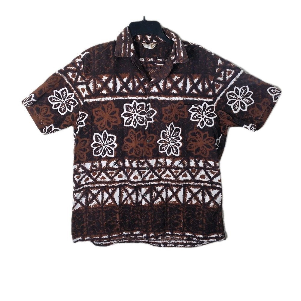 Vtg 60s Iolani Hawaii Shirt Mens L Tapa Tribal Print Brown Aloha Camp Button SS